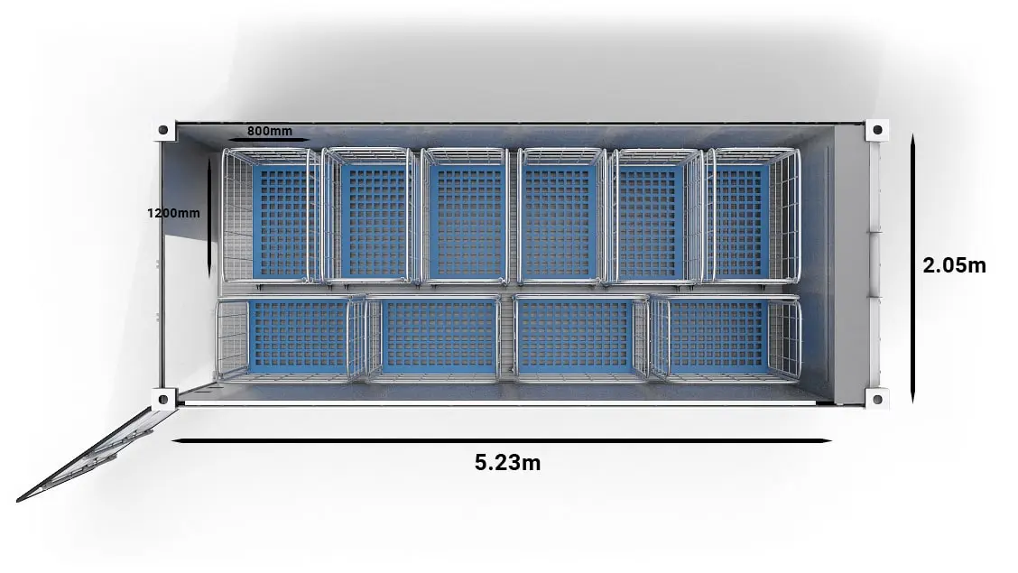 10 Trolleys in een UltraFreezer van 20ft