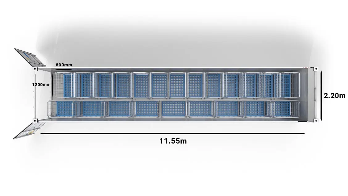 22 Trolleys in een UltraFreezer van 40ft