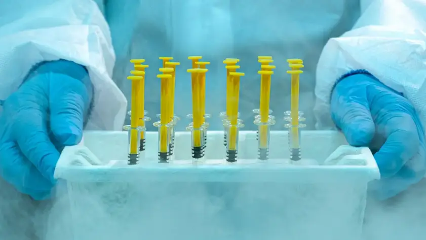 Wetenschapper draagt handschoenen en een beschermend pak, en hanteert bevroren medische injectiespuiten in een koelcontainer met zichtbaar ijs en damp.